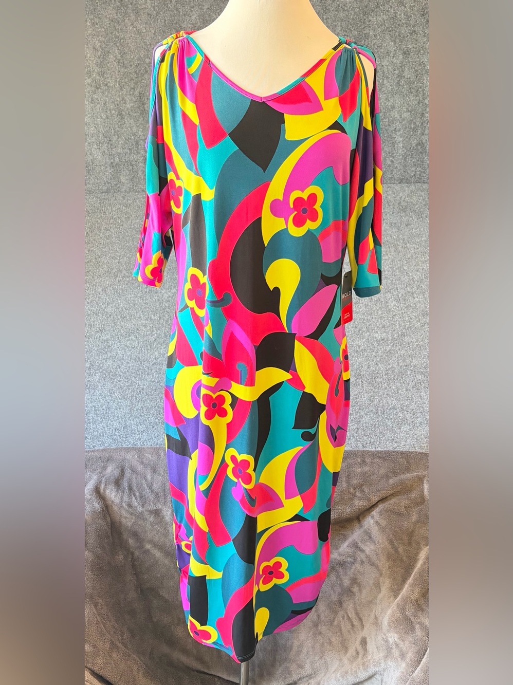 BOLD elements Teal Hot Pink Yellow Black Floral Swirl Midi Dress